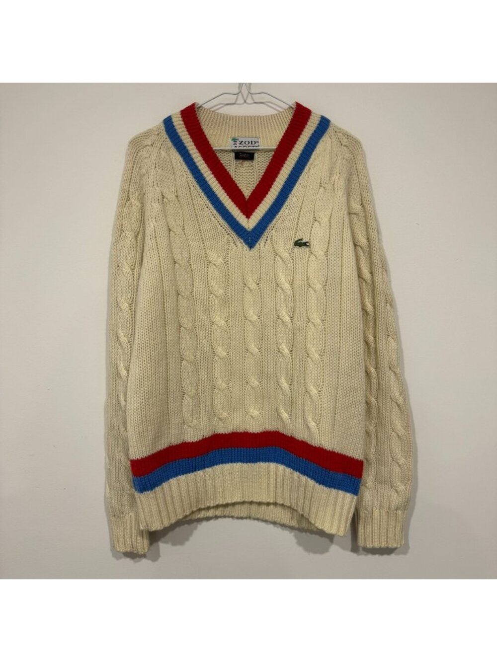 Vintage 1980s Izod Lacoste Cableknit V Neck Tennis Jumper Sweater XL Acrylic